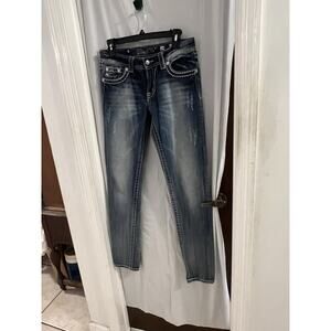 Miss Me Skinny Distressed Jeans Rhinestone Beaded Embroidered Sz 29